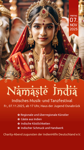 Flyer vom Musik- und Tanzfestival Namaste India in Osnabrück am 07.11.2025 im Haus der Jugend