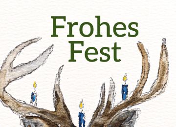 Aquarellkarte Frohes Fest. Ein Hirsch mit drei brennenden blauen Kerzen auf dem Geweih.