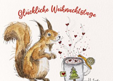 Aquarellkarte Glückliche Weihnachtstage. Ein Eichhörnchen vor einer dampfenden Tasse, aus der Herzen steigen.