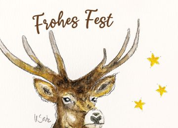 Aquarellkarte Frohes Fest. Kopf eines Hirsches mit großem Geweih, daneben drei goldene Sterne.