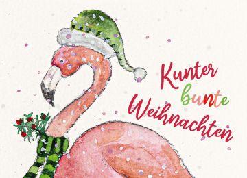 Aquarellkarte Kunterbunte Weihnachten. Ein rosa Flamingo mit grüner Zipfelmütze und gestreiftem Schal.