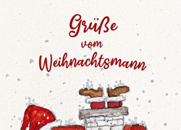 Aquarellkarte Grüße vom Weihnachtsmann. Aus dem Schornstein eines verschneiten Hauses ragen seine Stiefel.