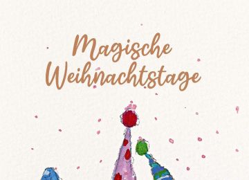 Aquarellkarte Magische Weihnachtstage. Drei Wichtel mit weißen Bärten und hohen bunten Zipfelmützen.