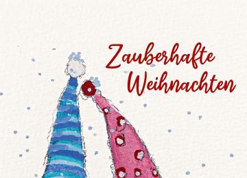 Aquarellkarte Zauberhafte Weihnachten. Zwei Wichtel mit blauer und pinker Zipfelmütze stehen im Schnee.