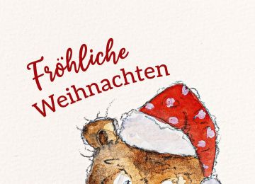 Aquarellkarte Fröhliche Weihnachten. Ein kleiner Braunbär mit Weihnachtsmütze sitzt neben Geschenken.