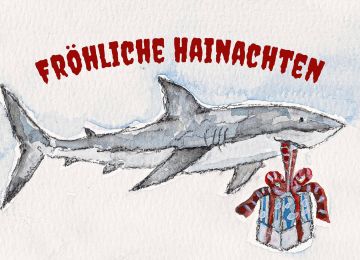 Aquarellkarte Fröhliche Hainachten. Ein grauer Hai trägt ein Geschenk mit roter Schleife im Maul.