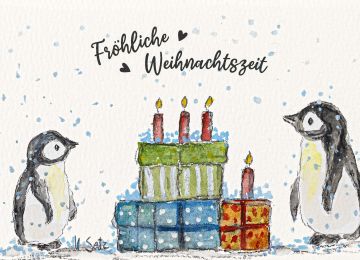 Aquarellkarte Fröhliche Weihnachtszeit. Zwei Pinguine im Schnee, zwischen ihnen bunte Geschenke mit Kerzen.