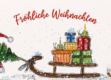 Aquarellkarte Fröhliche Weihnachten. Eine Person mit Tannenbaum zieht einen Schlitten voller Geschenke.
