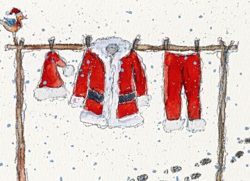 Aquarellkarte ohne Text. Das Kostüm des Weihnachtsmanns hängt im Schnee an einer Wäscheleine.