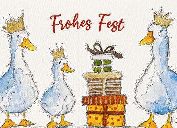 Aquarellkarte Frohes Fest. Drei Gänse mit goldenen Kronen stehen um einen Stapel Geschenke.