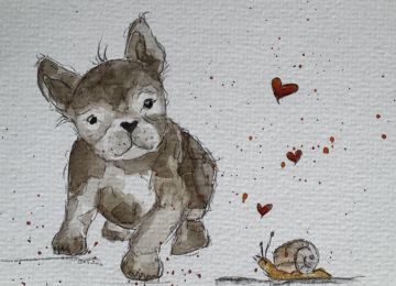 Eine Postkarte mit einem Hund und einer Schnecke ohne Spruch