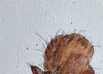 Eine Postkarte mit einem Eichhörnchenmotiv welches Blkumen hält ohne Spruch