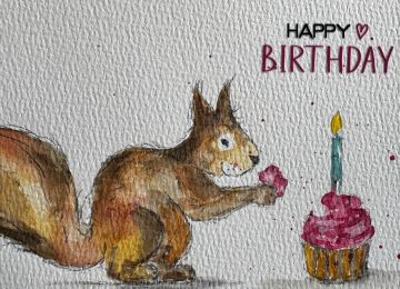 Eine Postkarte mit Eichhörnchenmotiv und dem Spruch Happy Birthday
