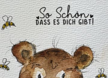 Eine Postkarte mit Bärenmotiv und dem Spruch So schön dass es dich gibt!